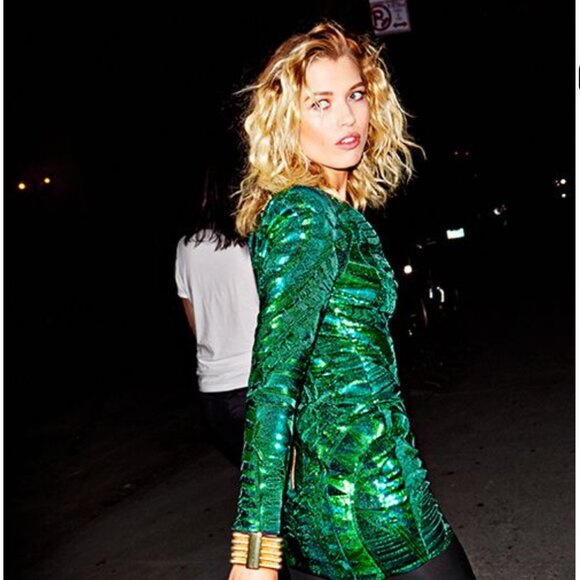 Balmain × H&M 2015 Runway Emerald Green Sequin Zipper Plunge Dress Size 2 NWT - Picture 2 of 14